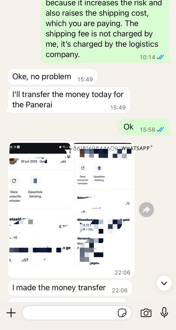 Transaction screenshot of Panerai PAM02223 purchased by a customer from Germany 第2张