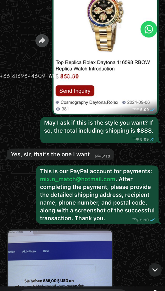 Here is a transaction record from a German buyer who purchased replica watches 第2张