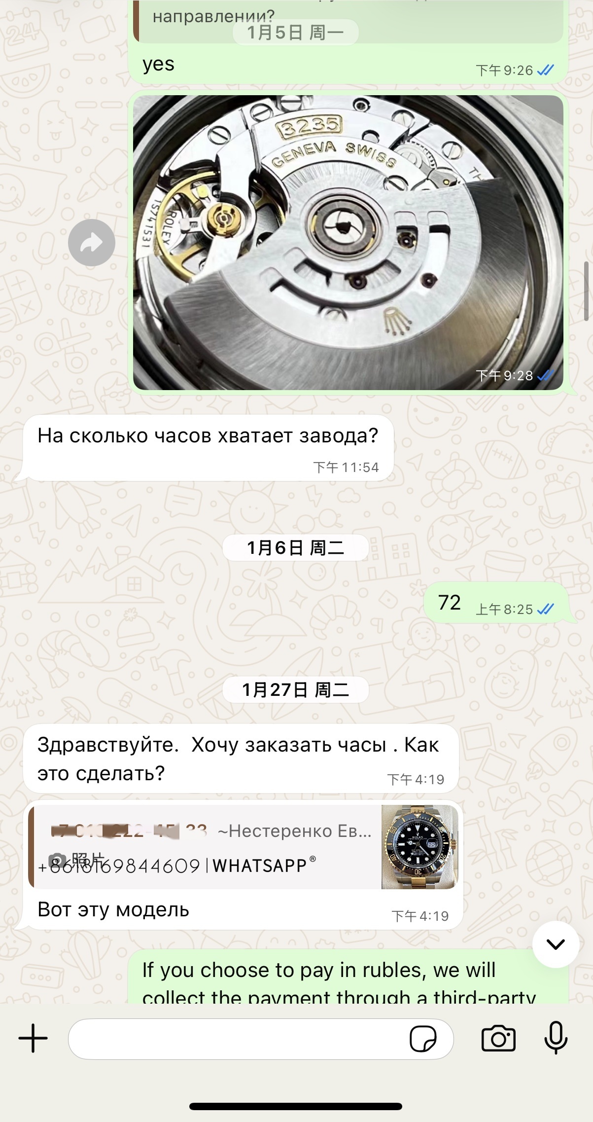 Purchase record of a replica Rolex Sea-Dweller m126603-0001 bought by a Russian customer. 第3张